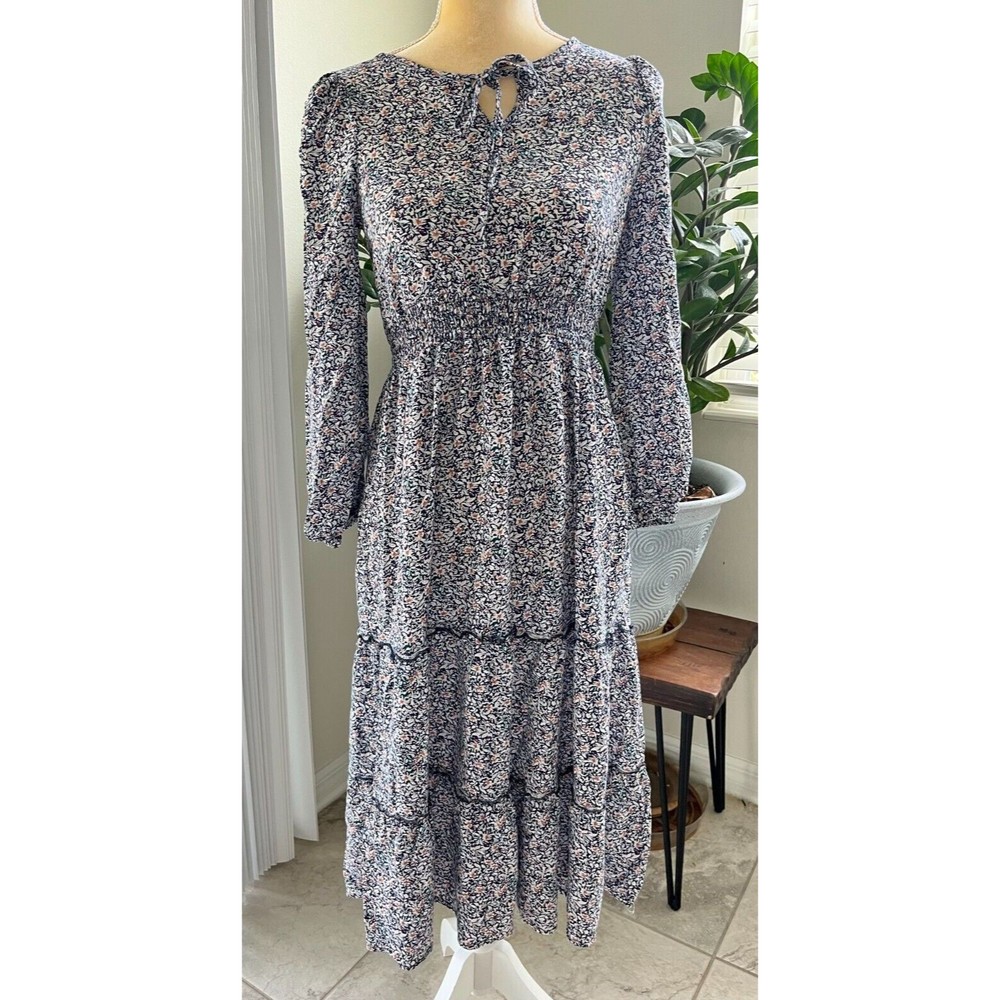 Indigo Rose Floral Midi Dress Long Sleeve Tie Front Layered Elastic Waist Sz S - Picture 1 of 16